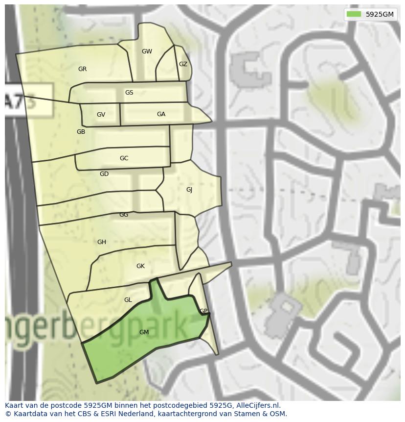 Afbeelding van het postcodegebied 5925 GM op de kaart.