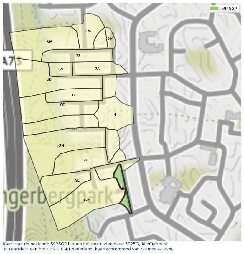 Afbeelding van het postcodegebied 5925 GP op de kaart.