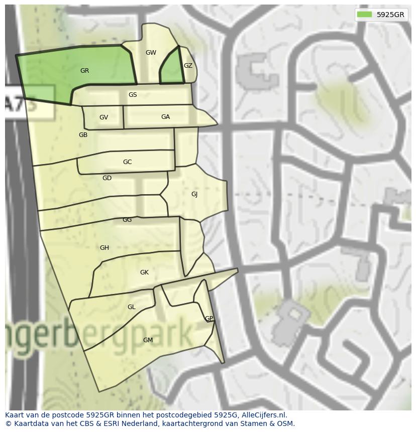 Afbeelding van het postcodegebied 5925 GR op de kaart.