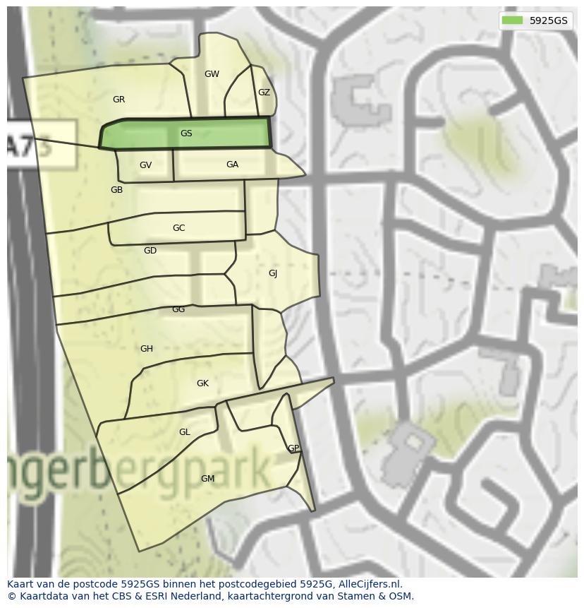 Afbeelding van het postcodegebied 5925 GS op de kaart.