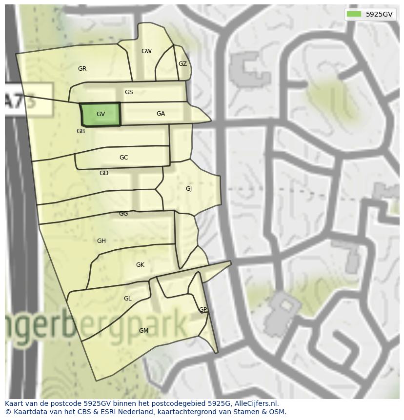 Afbeelding van het postcodegebied 5925 GV op de kaart.