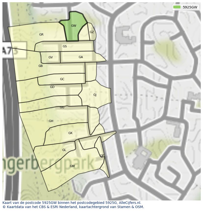 Afbeelding van het postcodegebied 5925 GW op de kaart.