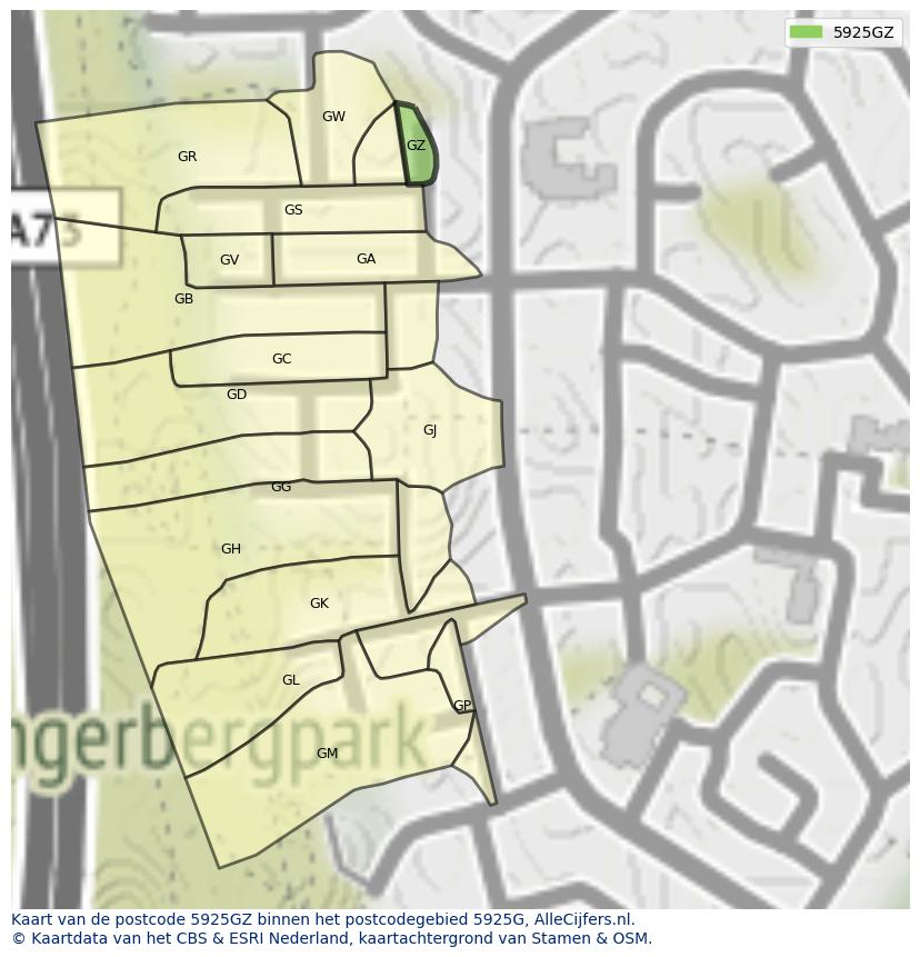 Afbeelding van het postcodegebied 5925 GZ op de kaart.