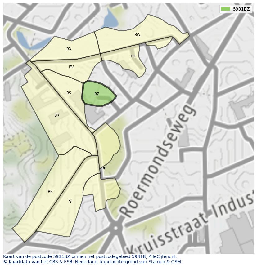 Afbeelding van het postcodegebied 5931 BZ op de kaart.