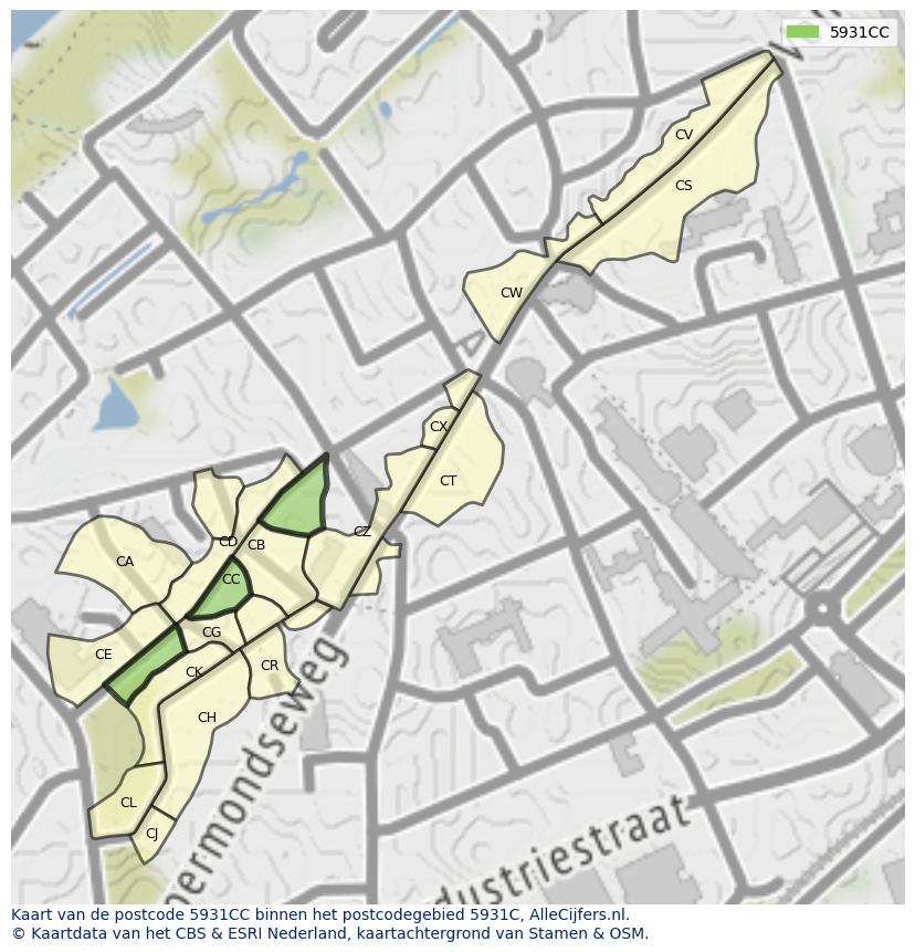 Afbeelding van het postcodegebied 5931 CC op de kaart.