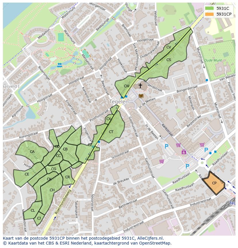 Afbeelding van het postcodegebied 5931 CP op de kaart.