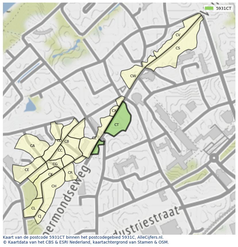 Afbeelding van het postcodegebied 5931 CT op de kaart.
