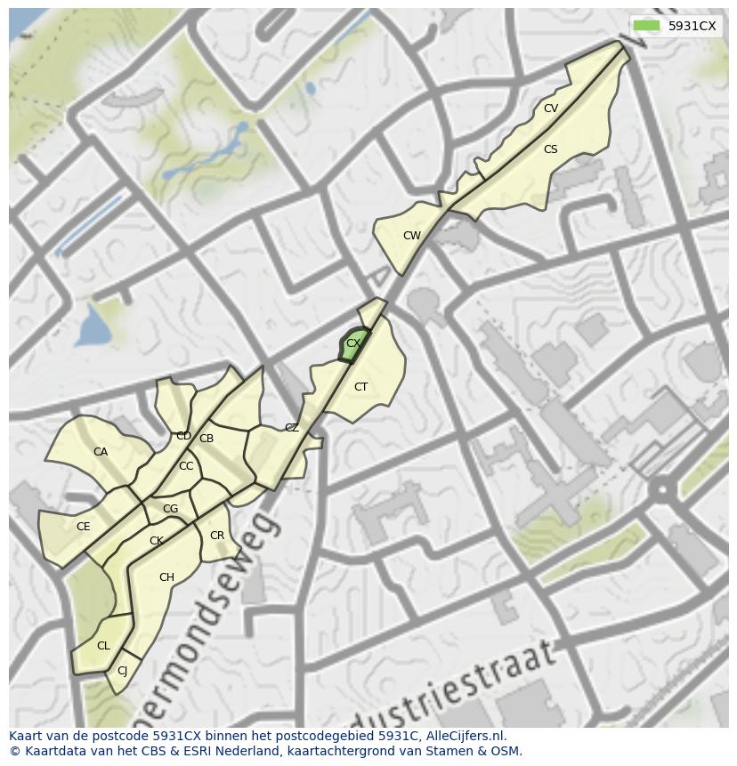 Afbeelding van het postcodegebied 5931 CX op de kaart.