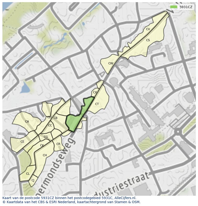 Afbeelding van het postcodegebied 5931 CZ op de kaart.