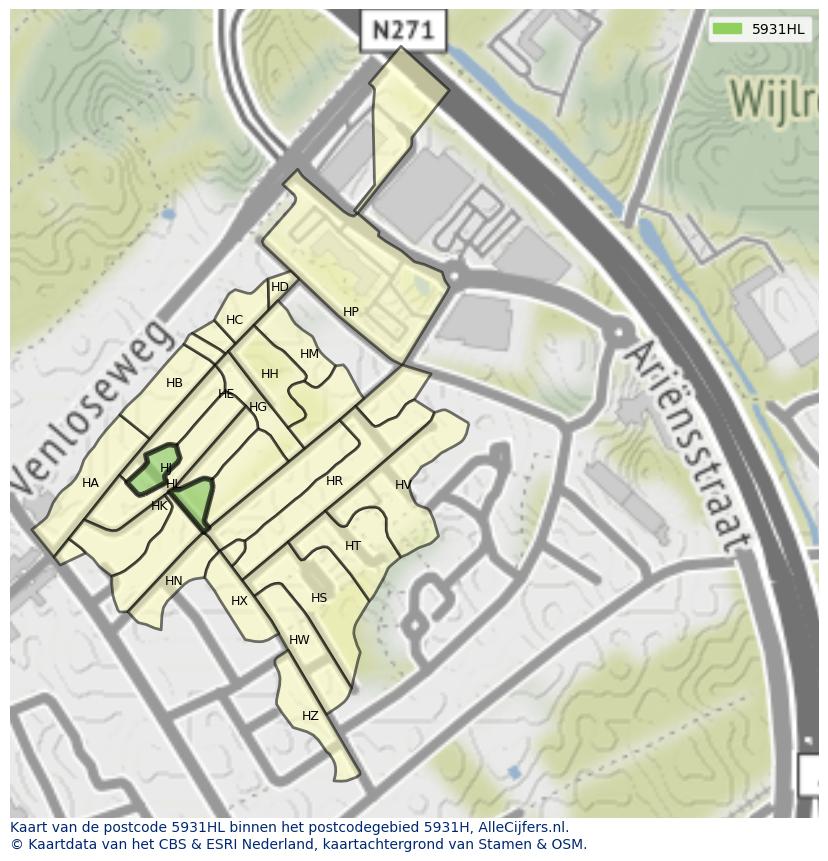 Afbeelding van het postcodegebied 5931 HL op de kaart.