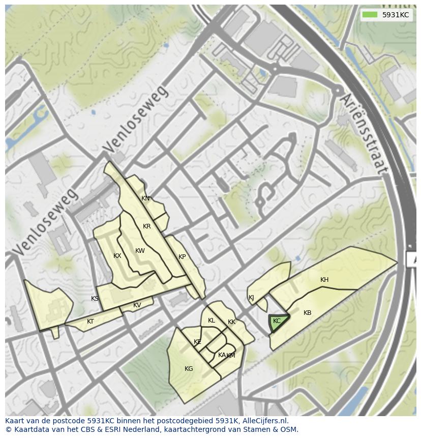 Afbeelding van het postcodegebied 5931 KC op de kaart.