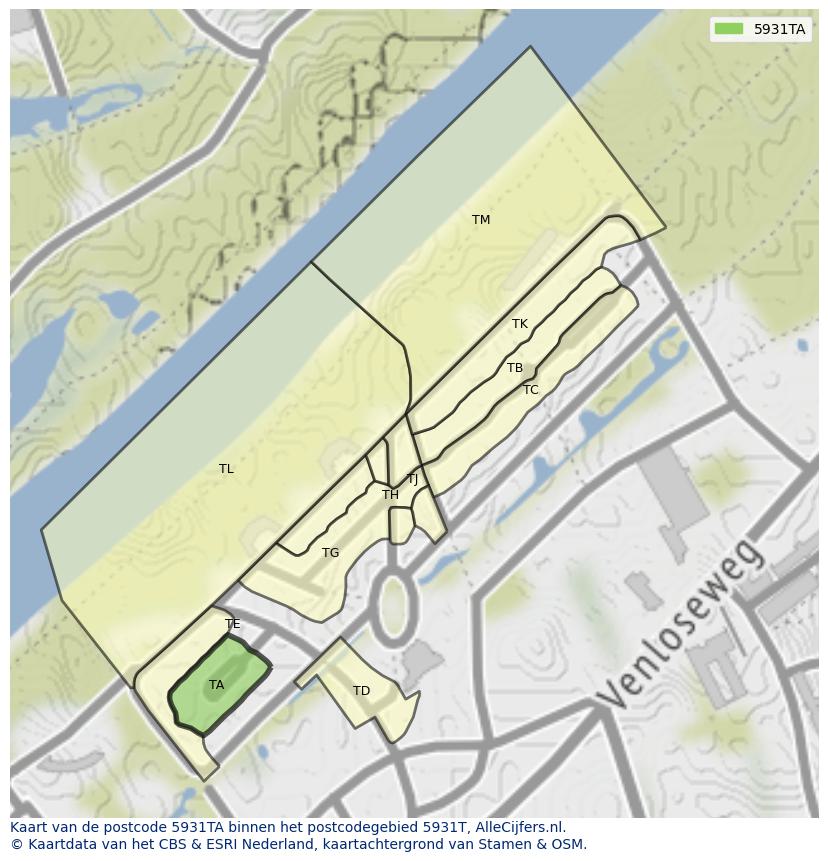 Afbeelding van het postcodegebied 5931 TA op de kaart.