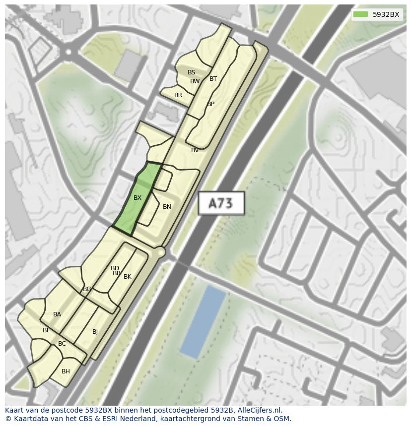 Afbeelding van het postcodegebied 5932 BX op de kaart.