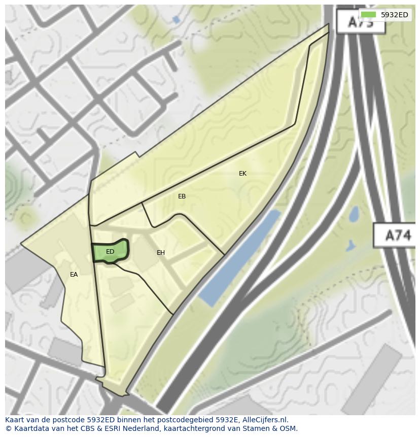Afbeelding van het postcodegebied 5932 ED op de kaart.