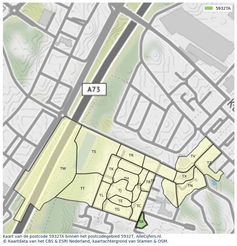 Afbeelding van het postcodegebied 5932 TA op de kaart.
