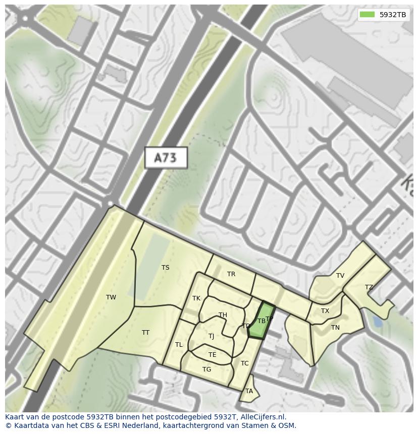 Afbeelding van het postcodegebied 5932 TB op de kaart.