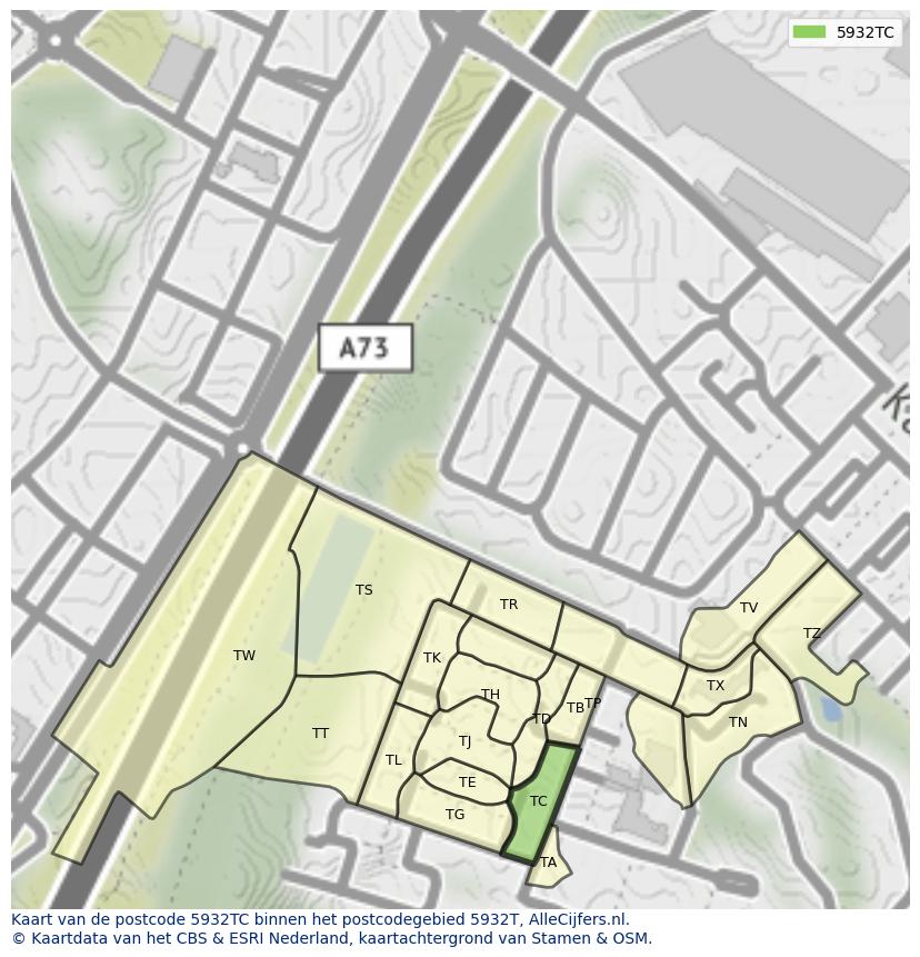 Afbeelding van het postcodegebied 5932 TC op de kaart.