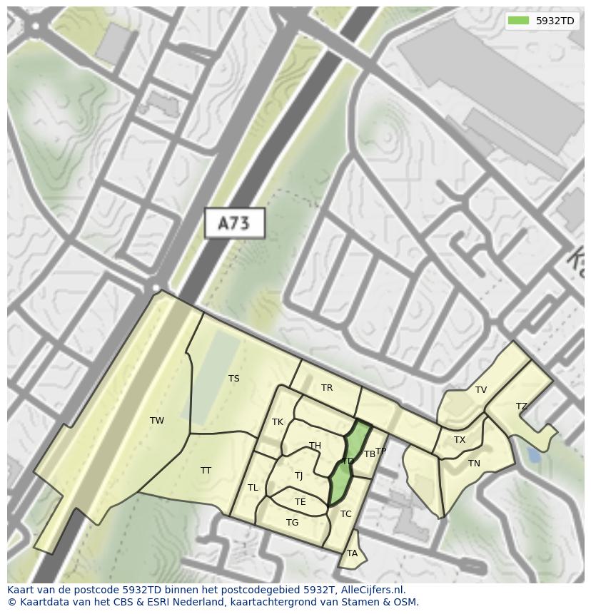 Afbeelding van het postcodegebied 5932 TD op de kaart.