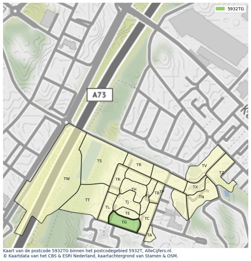 Afbeelding van het postcodegebied 5932 TG op de kaart.