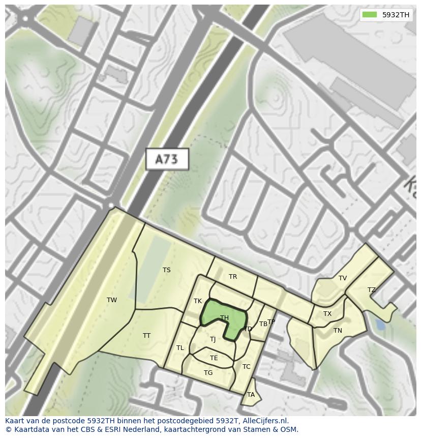 Afbeelding van het postcodegebied 5932 TH op de kaart.