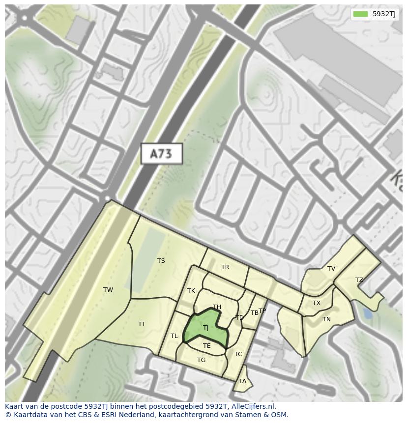 Afbeelding van het postcodegebied 5932 TJ op de kaart.