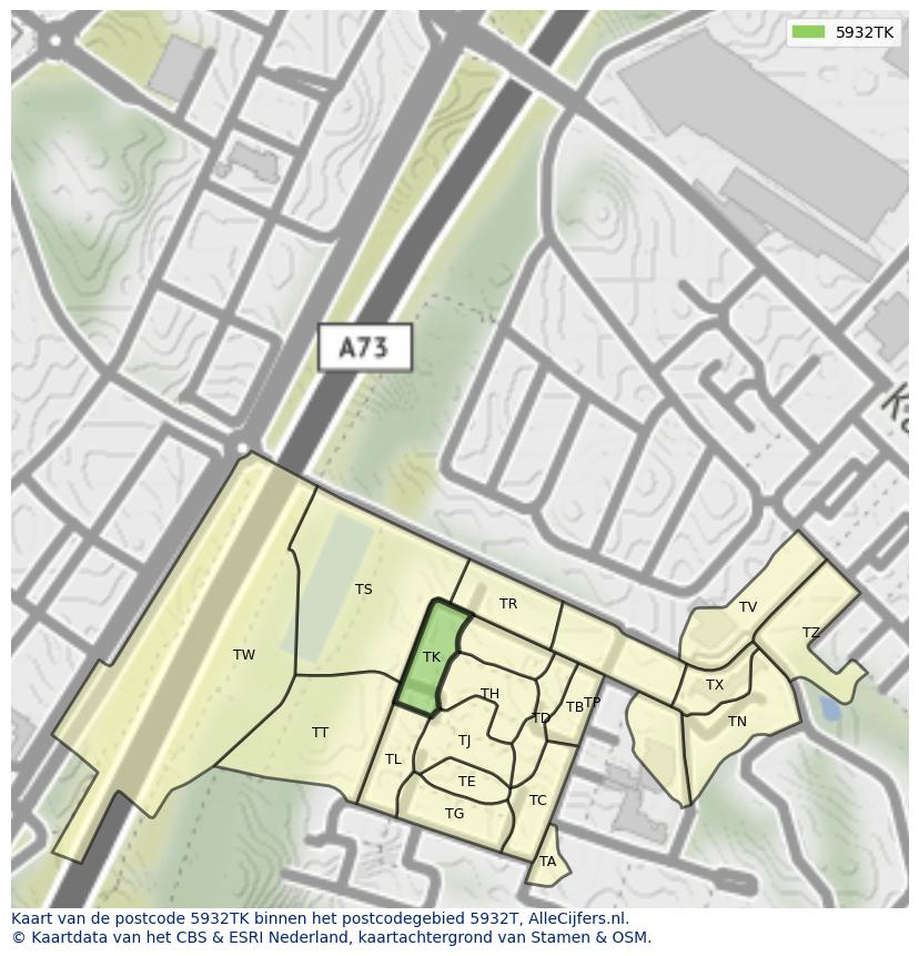 Afbeelding van het postcodegebied 5932 TK op de kaart.