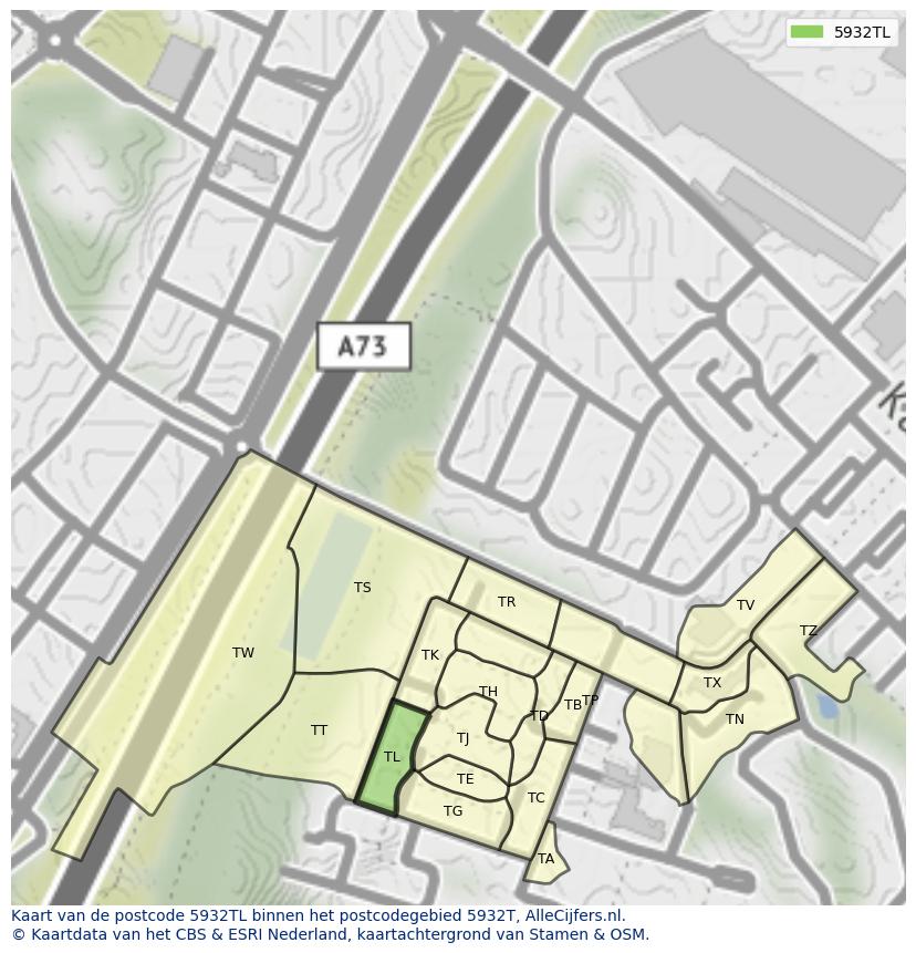 Afbeelding van het postcodegebied 5932 TL op de kaart.