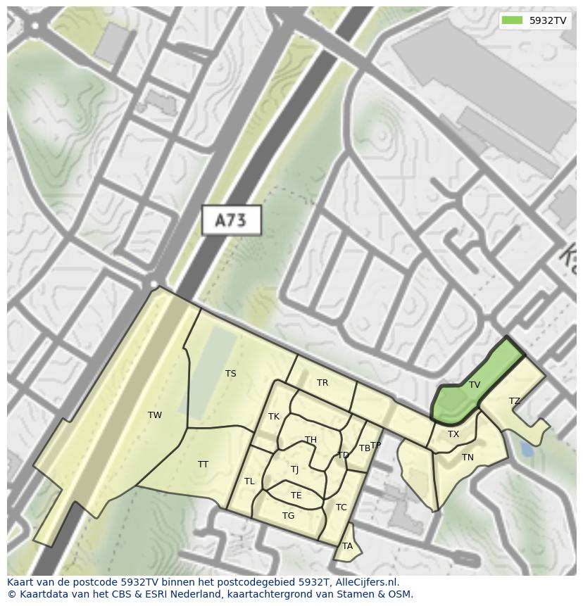 Afbeelding van het postcodegebied 5932 TV op de kaart.
