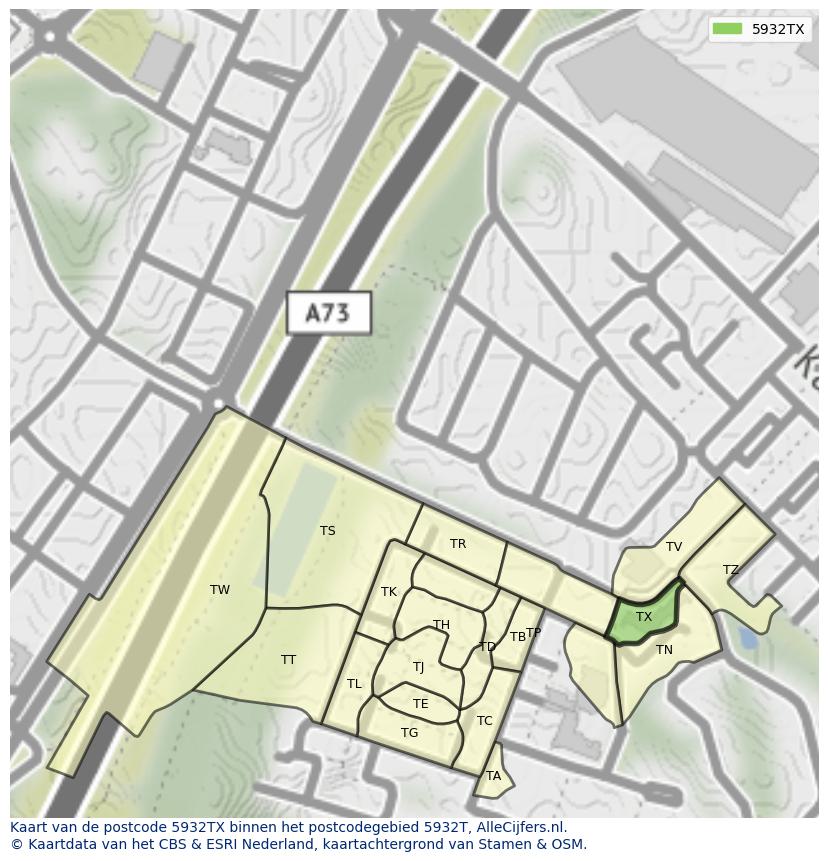 Afbeelding van het postcodegebied 5932 TX op de kaart.