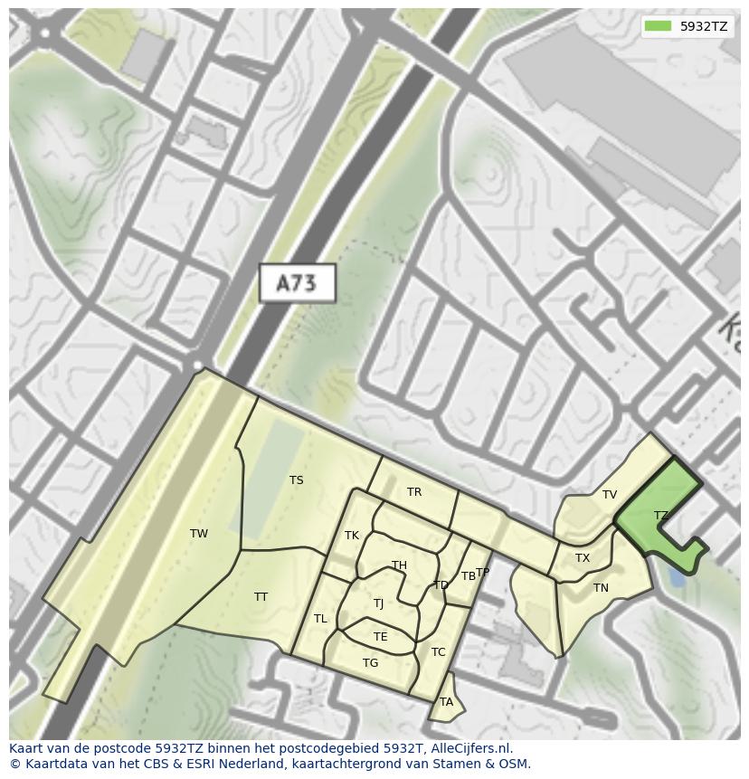 Afbeelding van het postcodegebied 5932 TZ op de kaart.