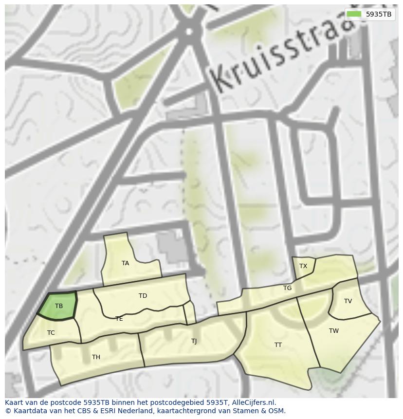 Afbeelding van het postcodegebied 5935 TB op de kaart.