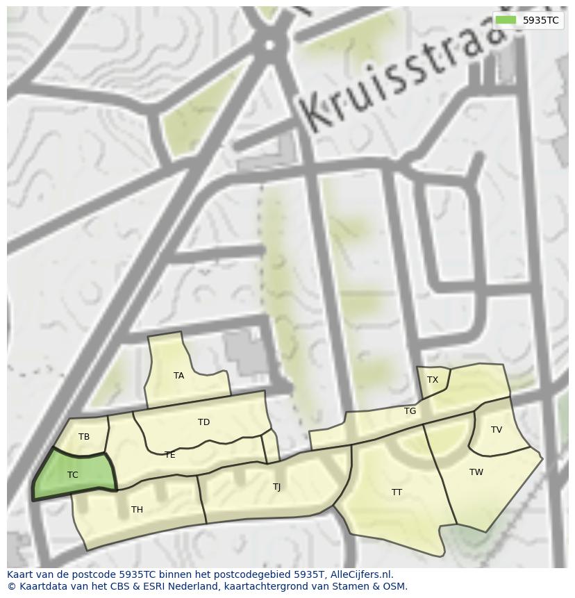 Afbeelding van het postcodegebied 5935 TC op de kaart.