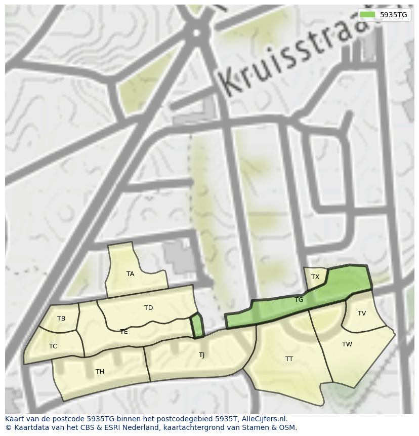 Afbeelding van het postcodegebied 5935 TG op de kaart.