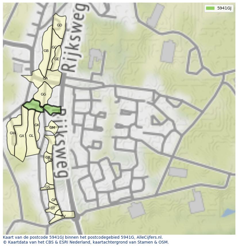 Afbeelding van het postcodegebied 5941 GJ op de kaart.