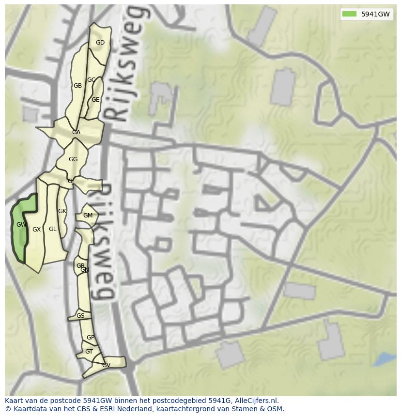 Afbeelding van het postcodegebied 5941 GW op de kaart.