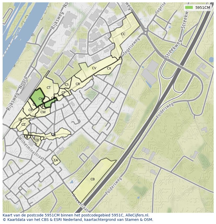 Afbeelding van het postcodegebied 5951 CM op de kaart.