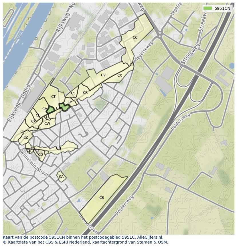 Afbeelding van het postcodegebied 5951 CN op de kaart.