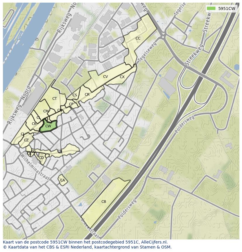 Afbeelding van het postcodegebied 5951 CW op de kaart.