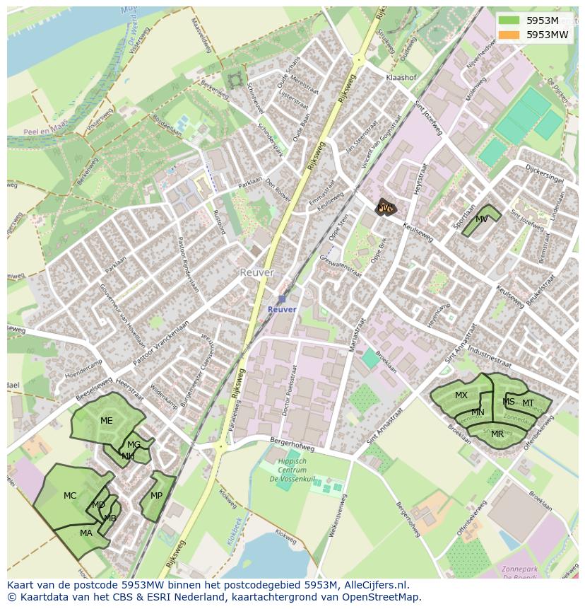 Afbeelding van het postcodegebied 5953 MW op de kaart.