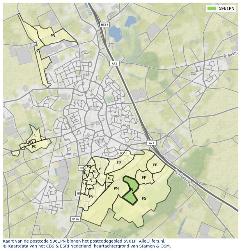 Afbeelding van het postcodegebied 5961 PN op de kaart.