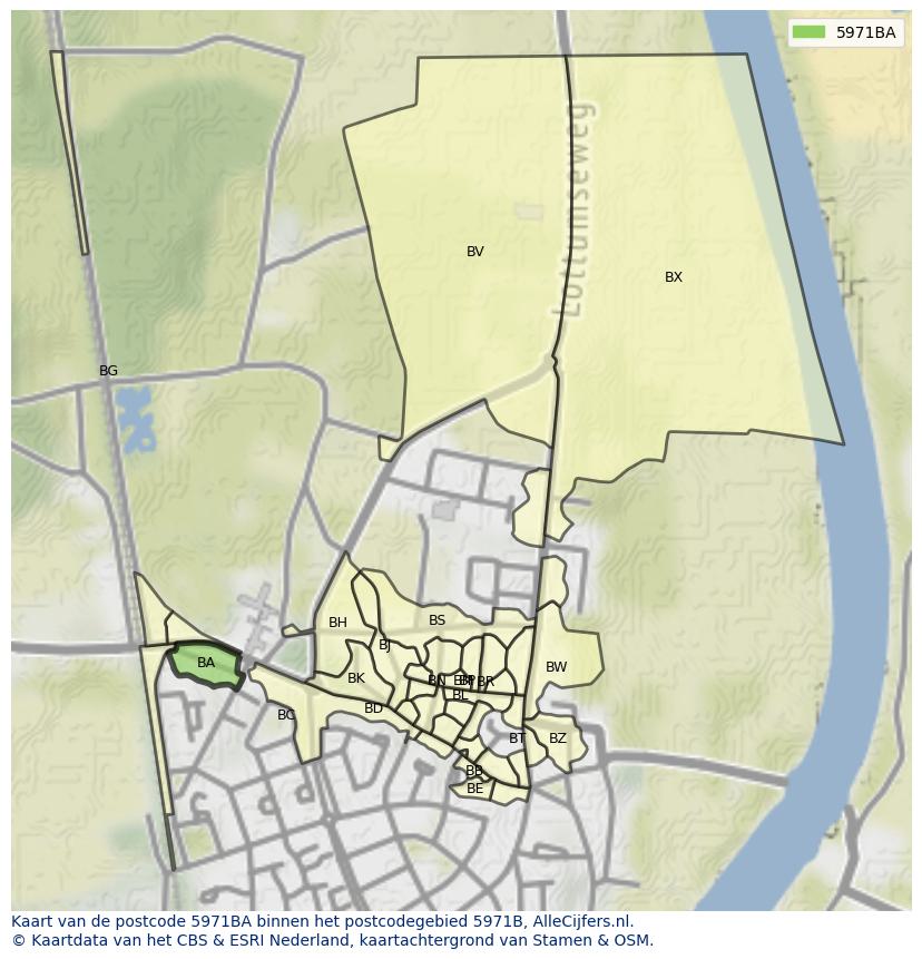 Afbeelding van het postcodegebied 5971 BA op de kaart.