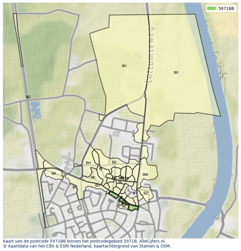 Afbeelding van het postcodegebied 5971 BB op de kaart.