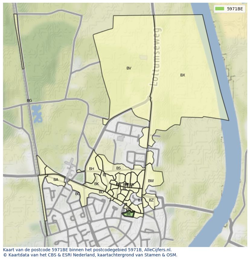 Afbeelding van het postcodegebied 5971 BE op de kaart.