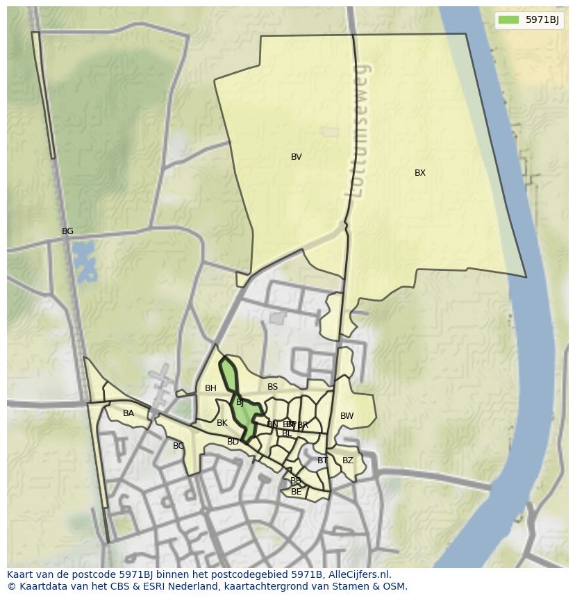 Afbeelding van het postcodegebied 5971 BJ op de kaart.