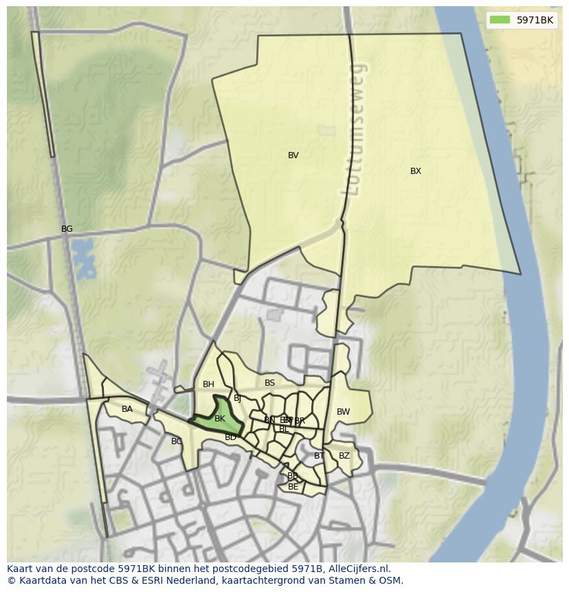Afbeelding van het postcodegebied 5971 BK op de kaart.