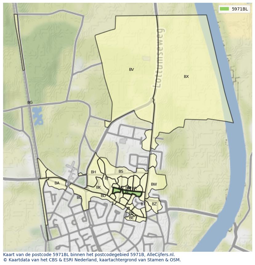 Afbeelding van het postcodegebied 5971 BL op de kaart.