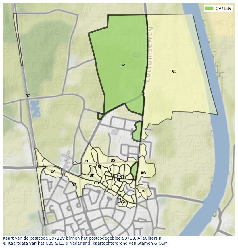 Afbeelding van het postcodegebied 5971 BV op de kaart.