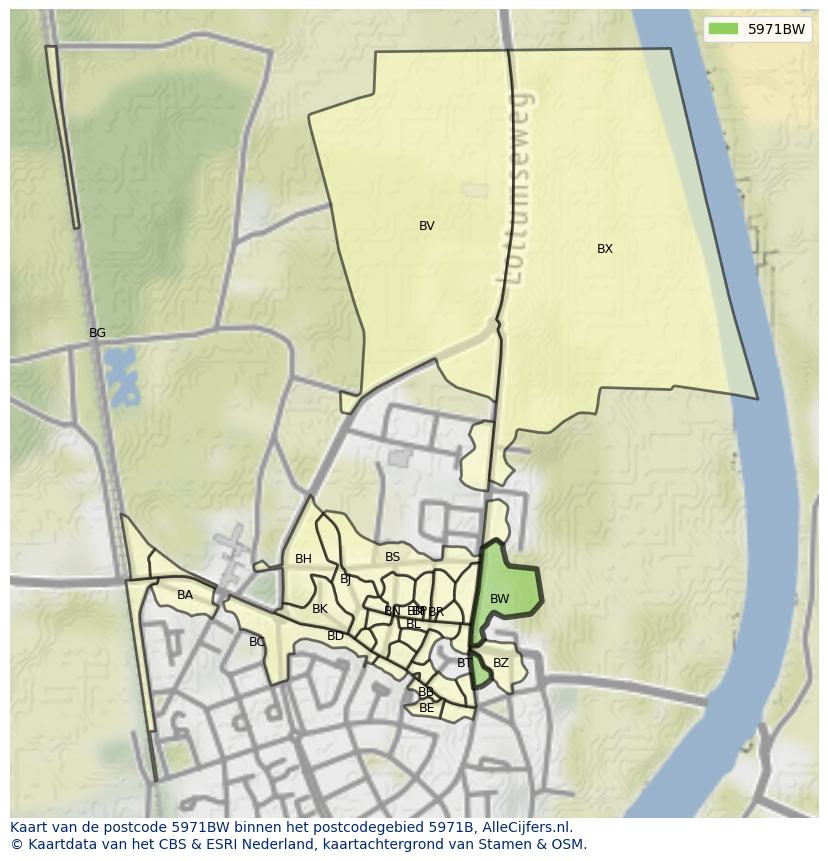 Afbeelding van het postcodegebied 5971 BW op de kaart.
