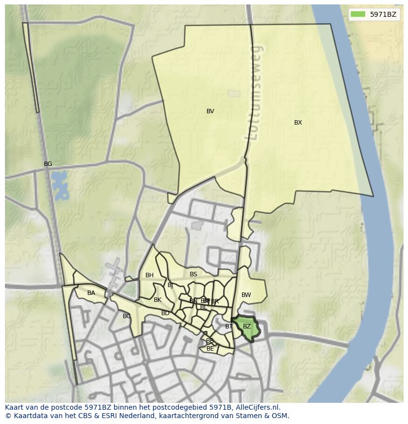 Afbeelding van het postcodegebied 5971 BZ op de kaart.