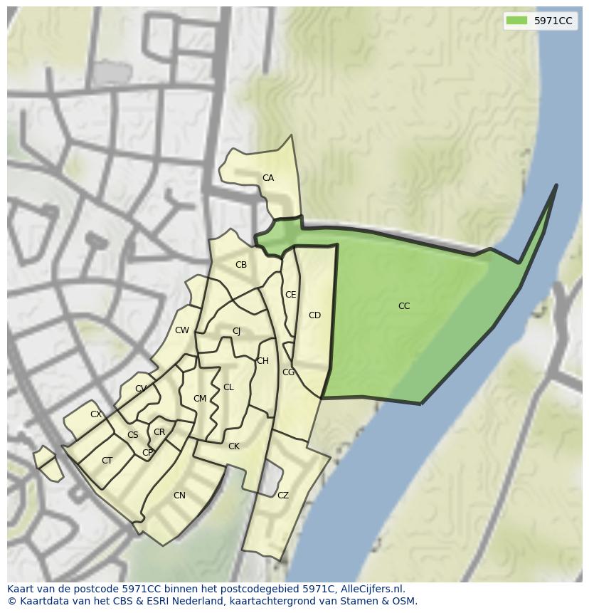 Afbeelding van het postcodegebied 5971 CC op de kaart.